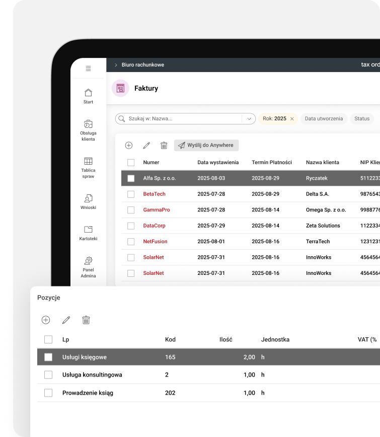 Screen z programu TaxOrder prezentujący automatyczne fakturowanie usług