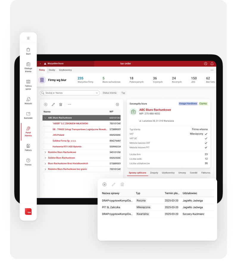 Screen z programu TaxOrder prezentujący kartotekę klientów i kontrahentów