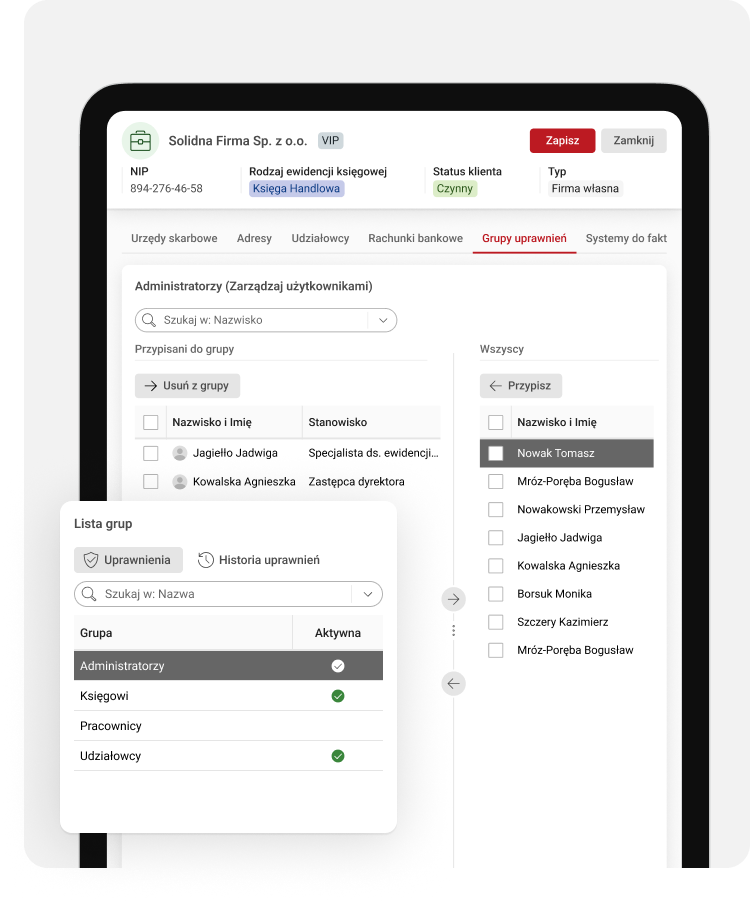 Screen z programu TaxOrder prezentujący zarządzanie zespołem biura rachunkowego